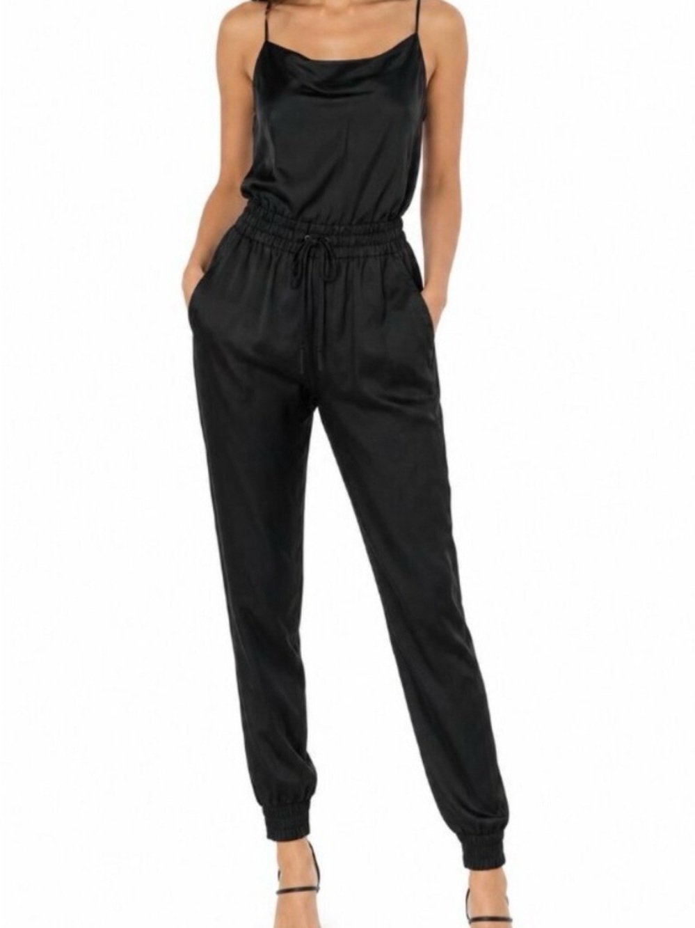 cinq a sept Black Satin-Blend Drawstring Jumpsuit